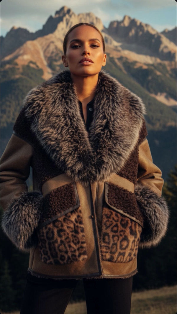 Chaquetón Pelo Patchwork Print Camel