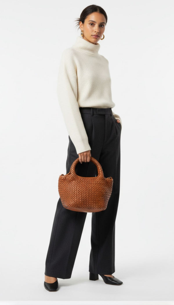 Bolso de Mano Piel  Trenzado Camel