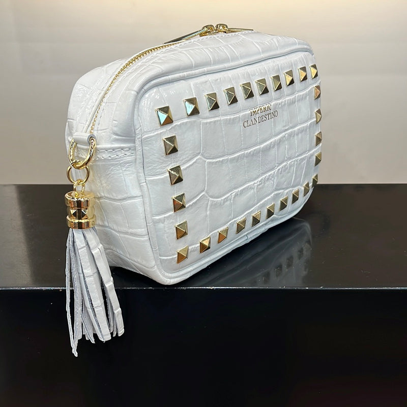 Bolso Tachas  Piel Coco Blanco