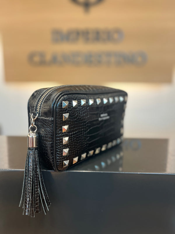 Bolso Wanda Tachas  Plata Piel Coco Negro