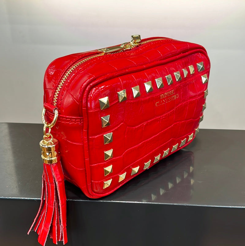 Bolso Tachas  Piel Coco Rojo