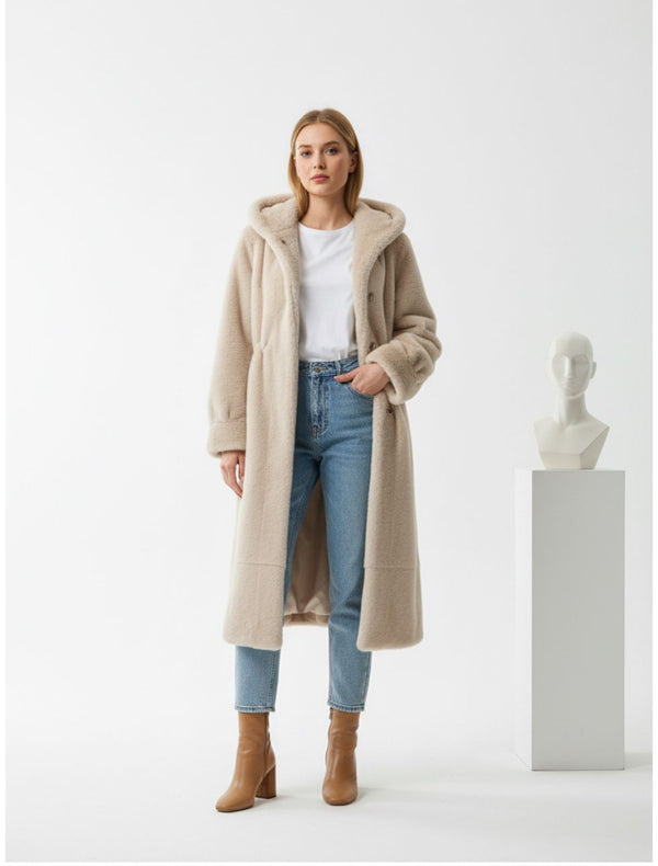 Abrigo Visón  Eco Largo Capucha Beige