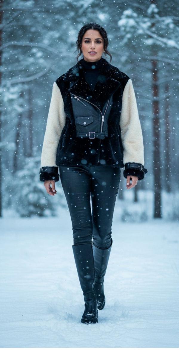 Chaqueta Biker Pelo Patchwork Negro