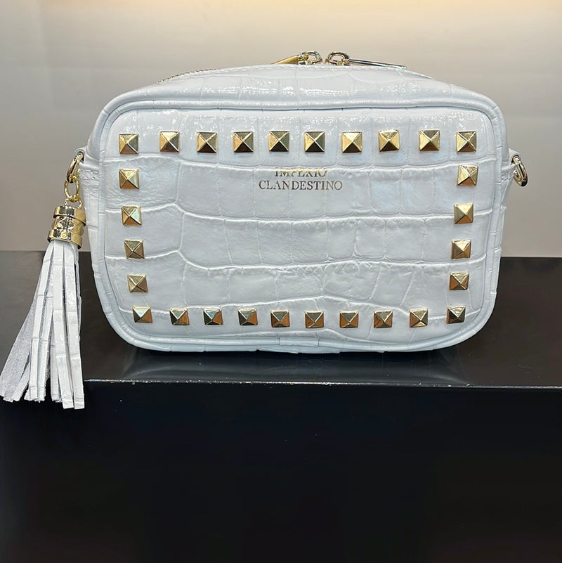 Bolso Tachas  Piel Coco Blanco