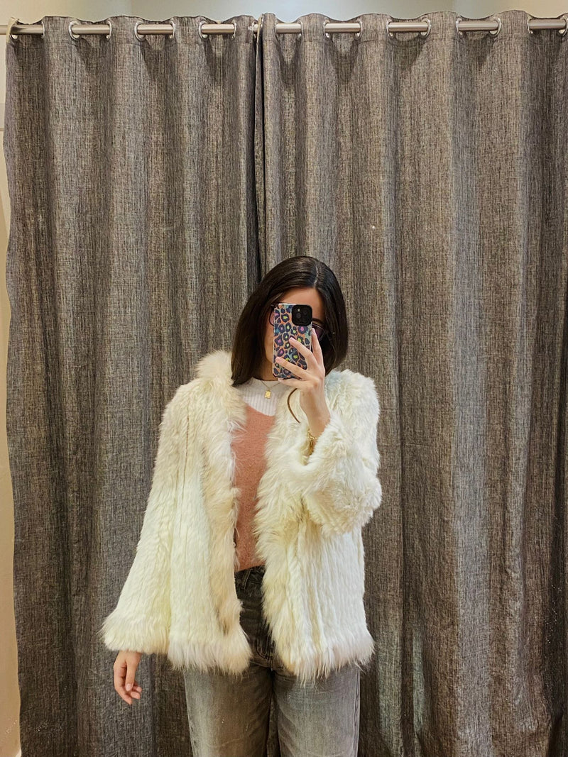 Chaqueta Tricotada Piel De Conejo Blanco