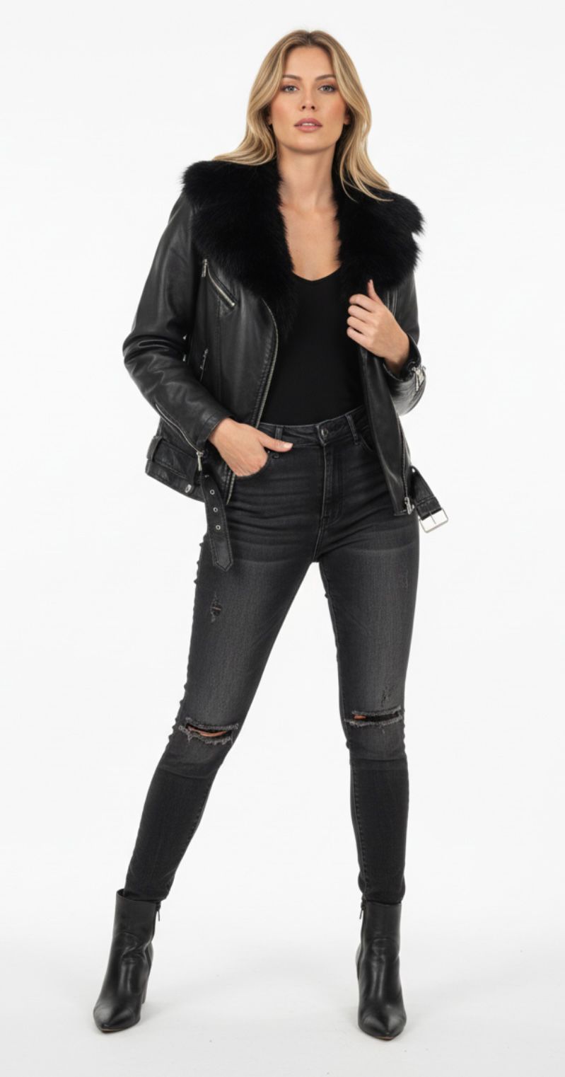 Cazadora Biker  Piel / Pelo Eco  Negro