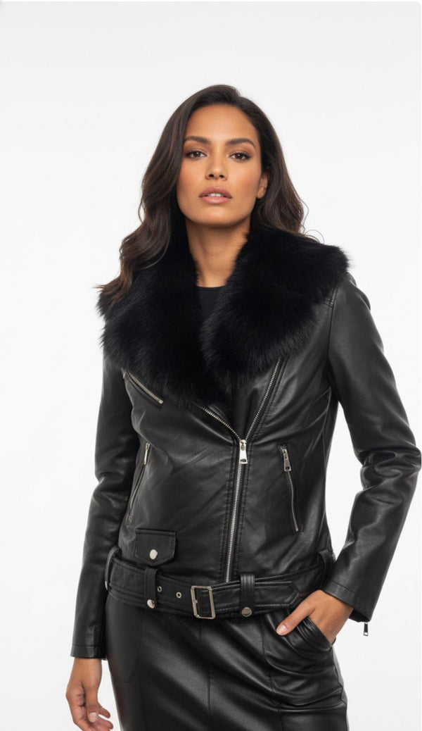 Cazadora Biker  Piel / Pelo Eco  Negro