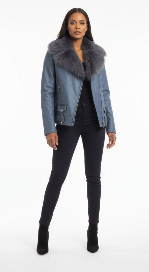 Cazadora Biker  Piel / Pelo Eco Azul