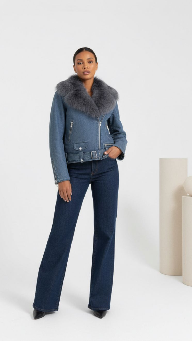 Cazadora Biker  Piel / Pelo Eco Azul