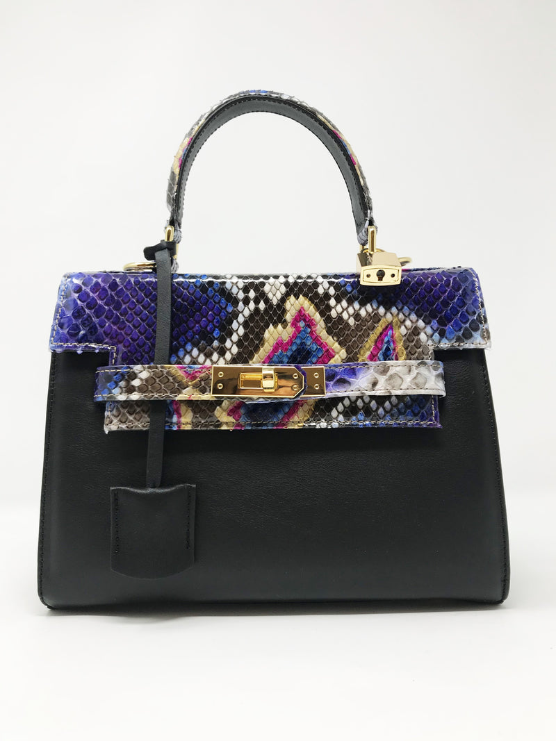 Bolso Luna Medium Pitón Fantasía Azul-Violeta-Oro Piel Negro