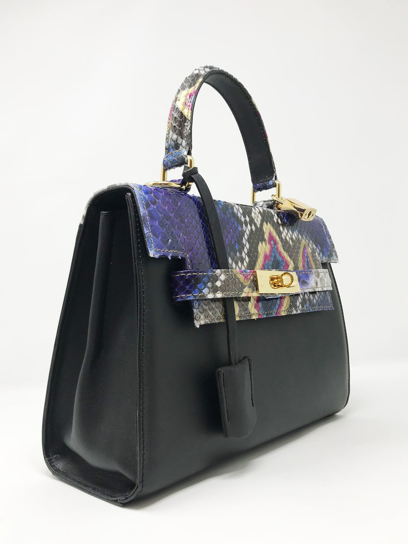 Bolso Luna Medium Pitón Fantasía Azul-Violeta-Oro Piel Negro