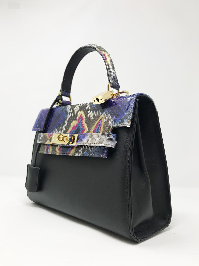 Bolso Luna Medium Pitón Fantasía Azul-Violeta-Oro Piel Negro